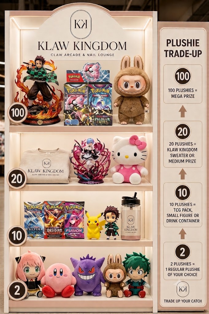 Klaw Kingdom plushie trade-up display showing prize tiers from 2 to 100 plushies