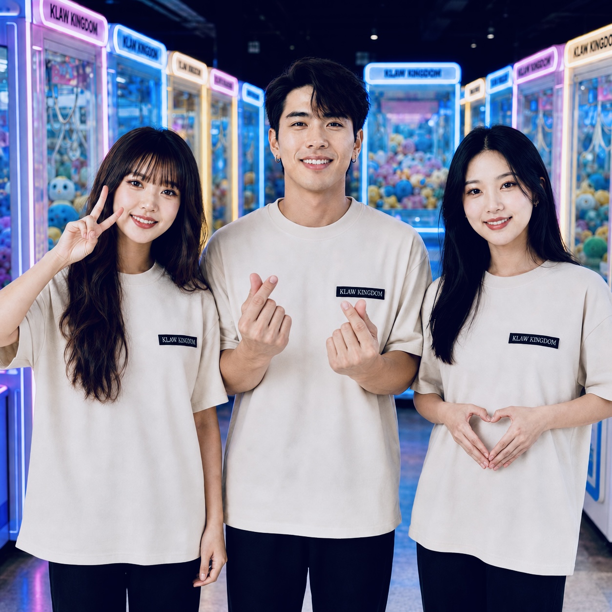The Klaw Kingdom KC arcade staff team in matching cream shirts in front of glowing claw machines