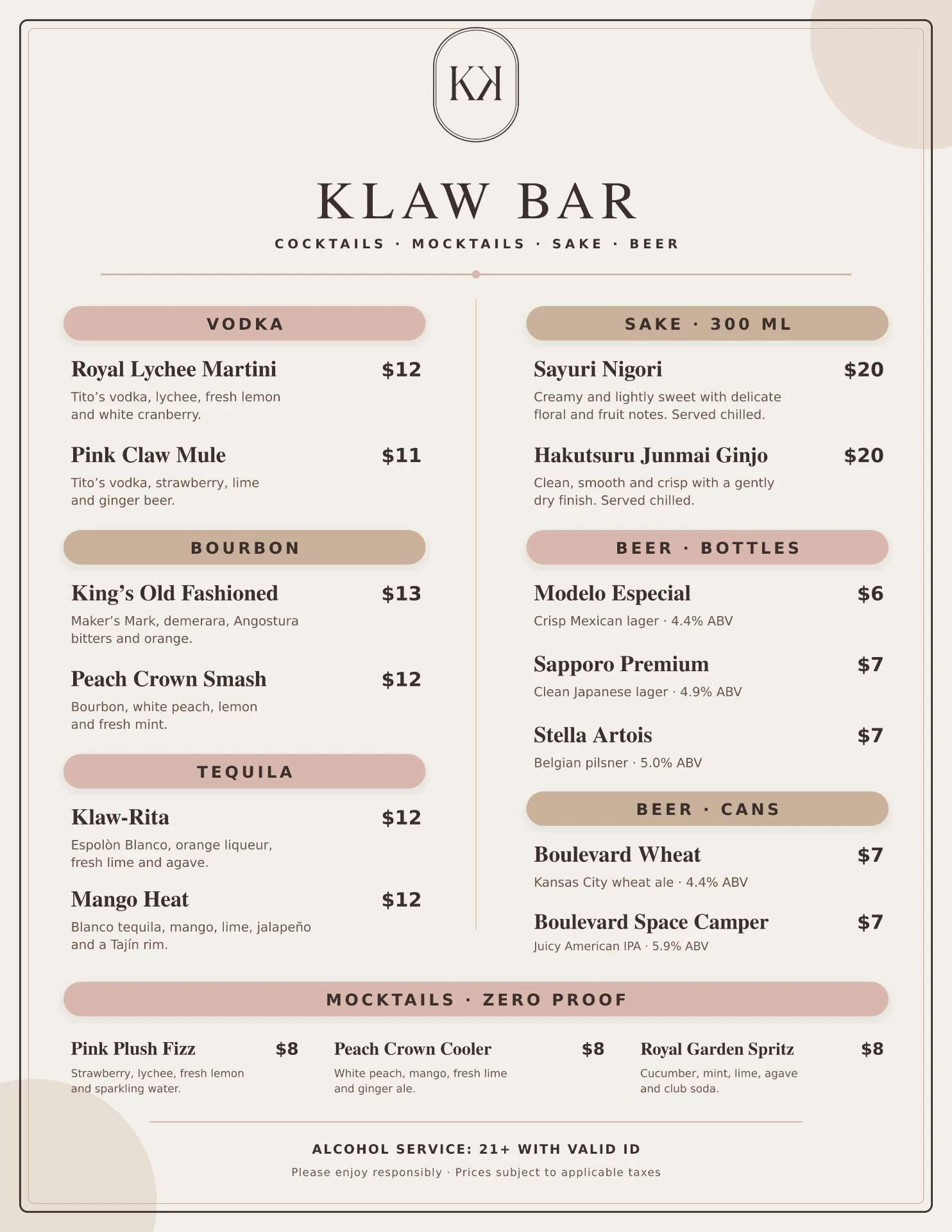 Klaw Bar drink menu with cocktails, mocktails, sake and beer