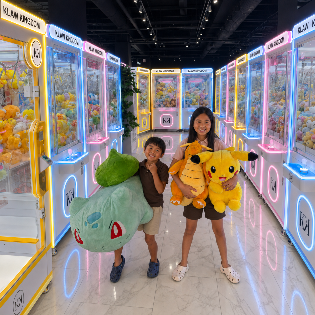Kids celebrating wins inside Klaw Kingdom's neon claw arcade